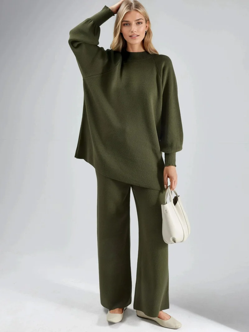 My Fashion Khaki Green MY FASHION Loose Fit Sweater & Pants Knit Co-ord Set for Women | Best Price UAE